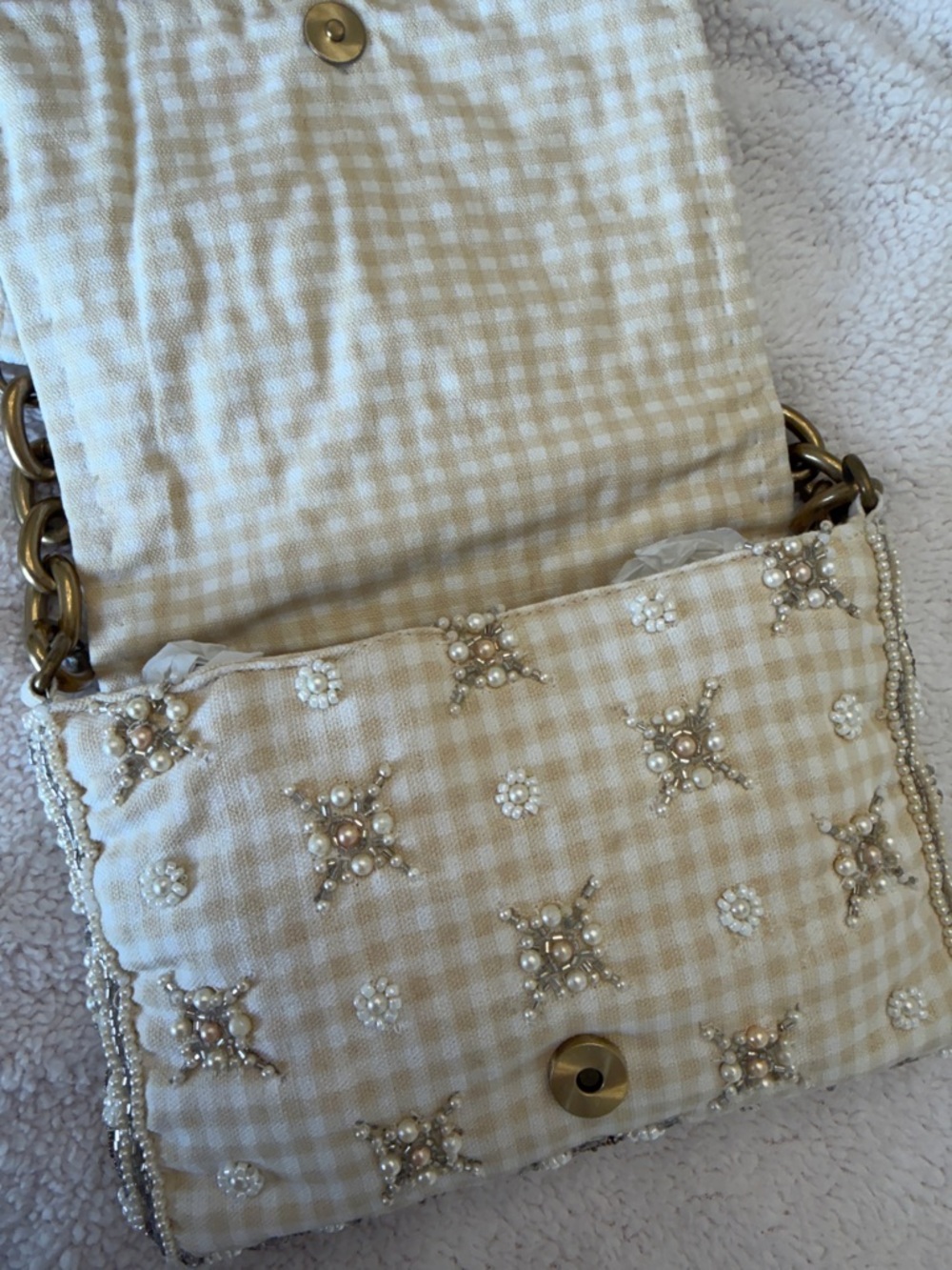 Zara Beaded Cream Plaid Shoulder Bag - Picture 4 of 6